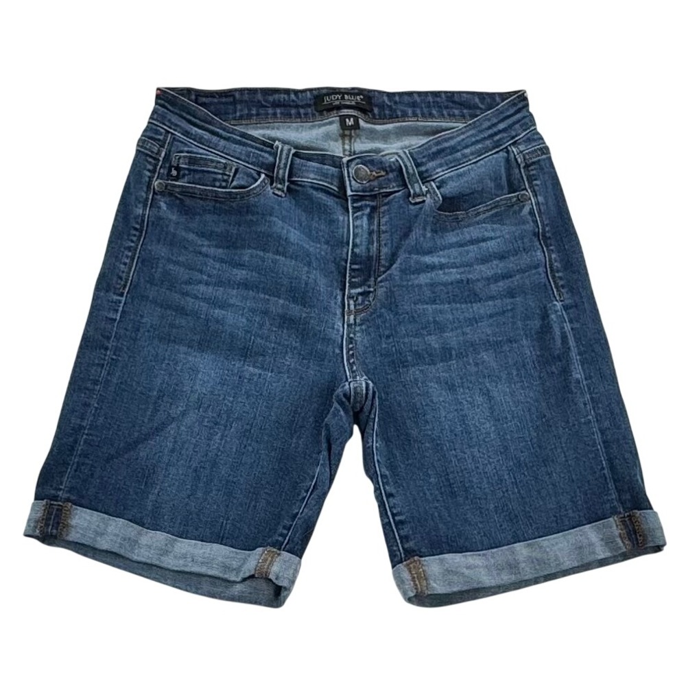 Judy Blue Shorts Womens M Blue Bermuda Denim Cuffed Mid Rise Stretch JB15006DK